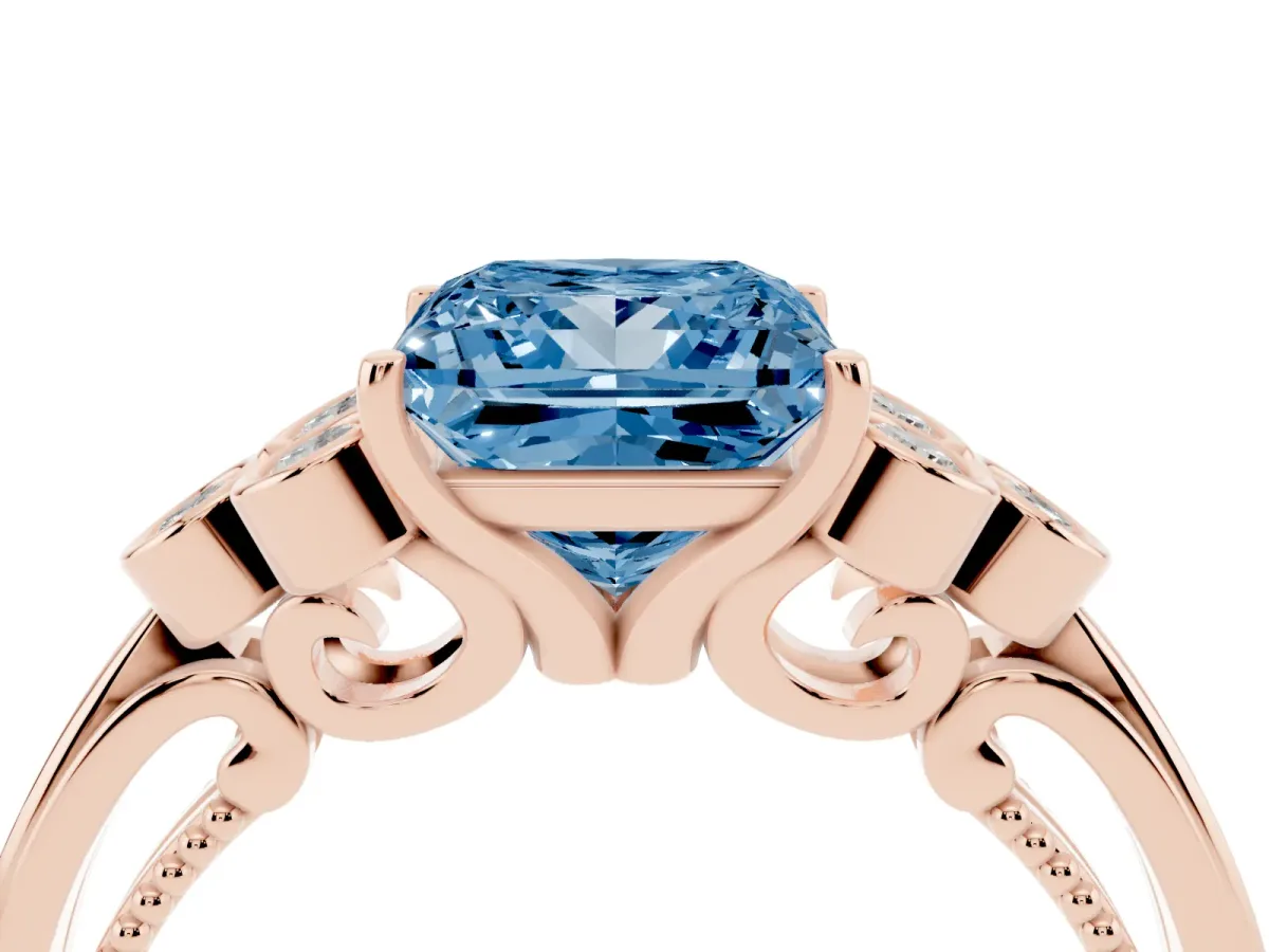 Fancy Blue Princess Cut Cut Diamond Engagement Ring with Bezel Set Round Side Stones and Prong Setting Rose gold