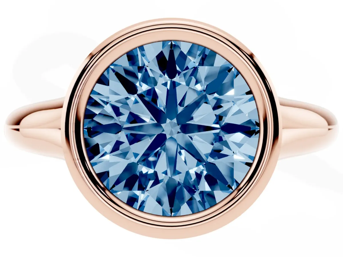 Fancy Blue Bezel Set Round Cut Solitaire Diamond Ring with Smooth Band Rose gold