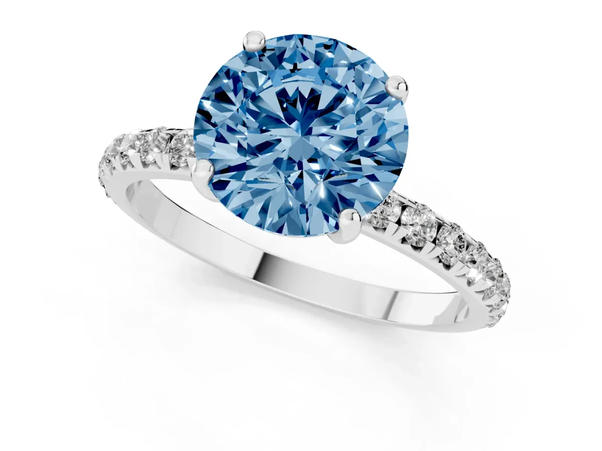 Fancy Blue Round Cut Cut Diamond Solitaire Ring with Micro Pave Band and Four Prong Setting Platinum