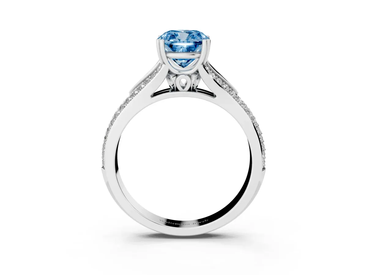 Fancy Blue Cushion Cut Diamond Split Shank Engagement Ring with Pavé Band Silver