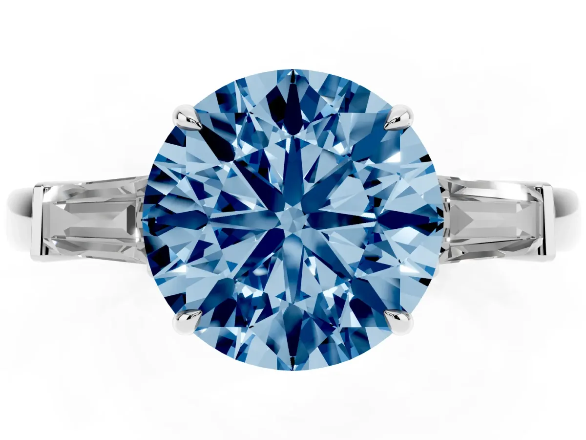 Fancy Blue Round Cut Diamond Three-Stone Ring with Tapered Baguette Side Stones and Prong Setting Silver