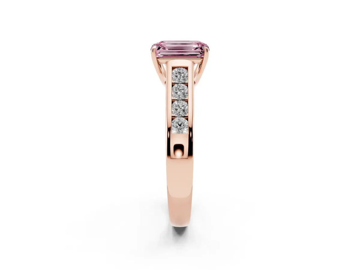 Fancy Pink Emerald Cut Solitaire Channel-Set Diamond Engagement Ring with Four-Prong Setting Rose gold