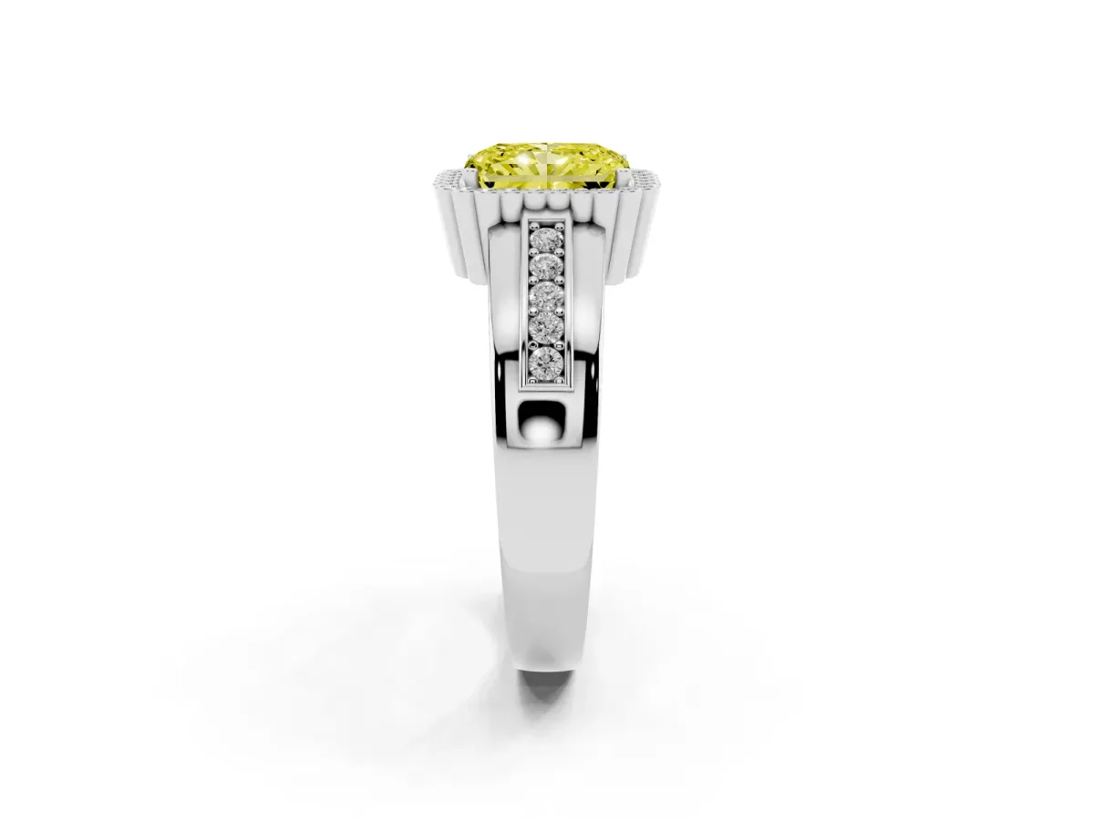 Fancy Yellow Radiant Cut Cut Halo Pave Band Four-Prong Ring Platinum