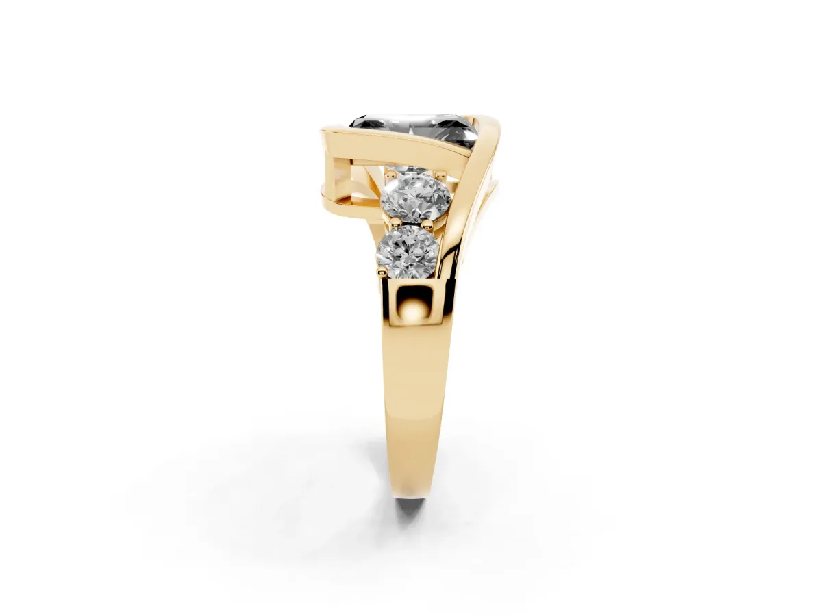 Fancy Black Bezel Set Radiant Cut Diamond Bypass Ring with Round Accents Yellow gold