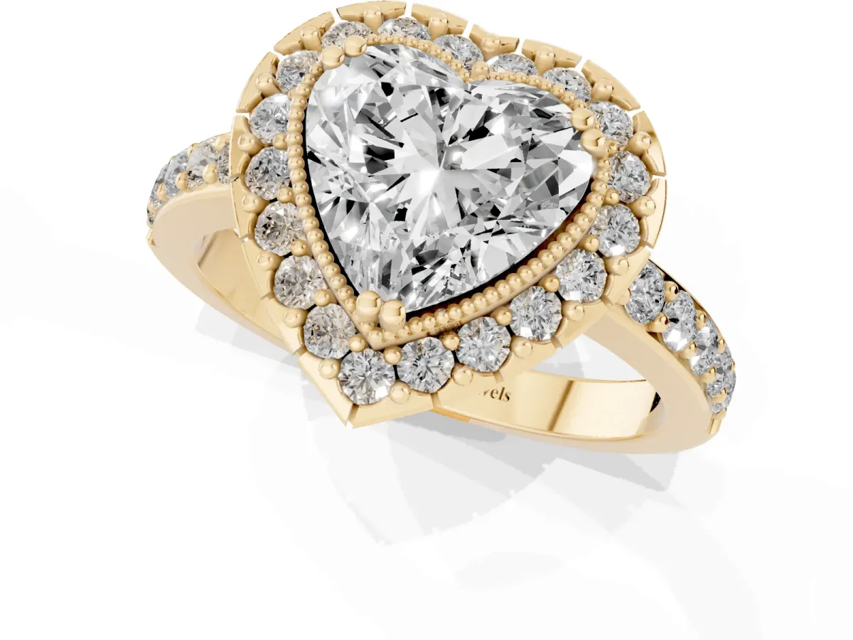 Heart Cut Diamond Halo Ring with Pavé Band and Prong Setting Yellow gold