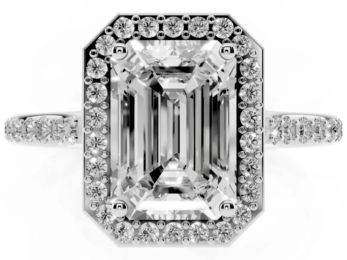 Emerald Cut Diamond Halo Engagement Ring with Round Pavé Shoulders and Prong Setting White gold