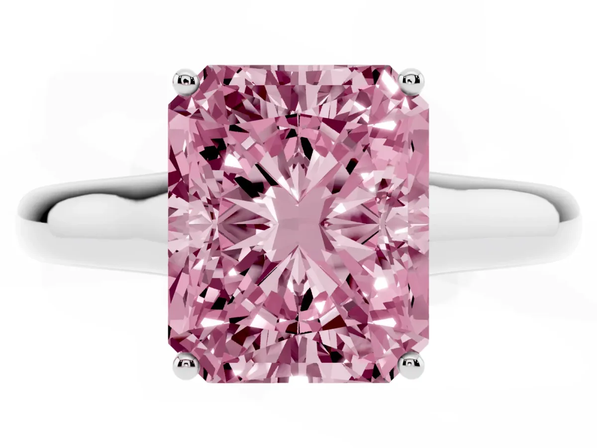 Fancy Pink Radiant Cut Solitaire Engagement Ring with Tapered Band and Four-Prong Setting Silver