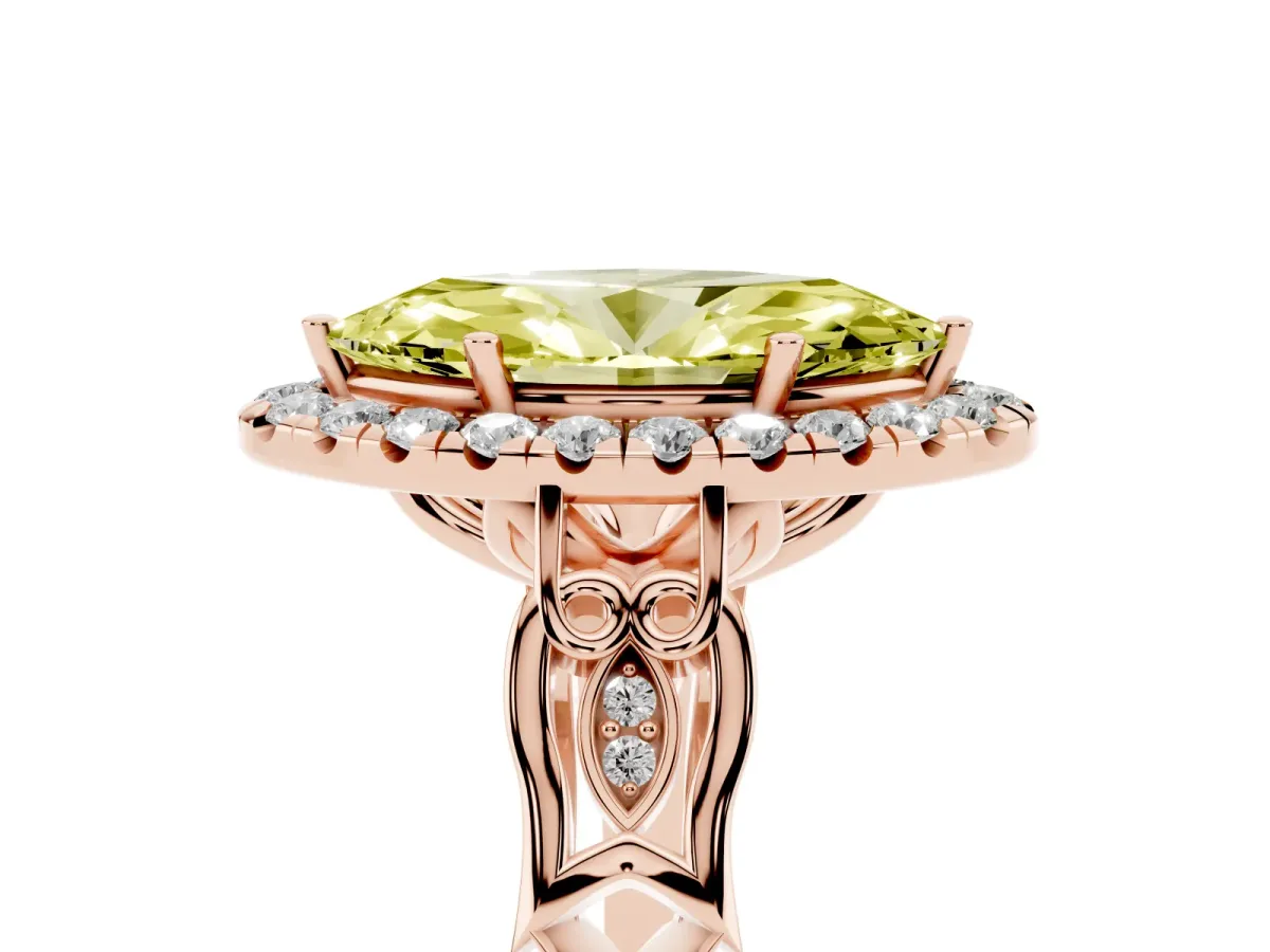 Fancy Yellow Marquise Cut Halo Diamond Engagement Ring with Filigree Band and Four-Prong Setting Rose gold