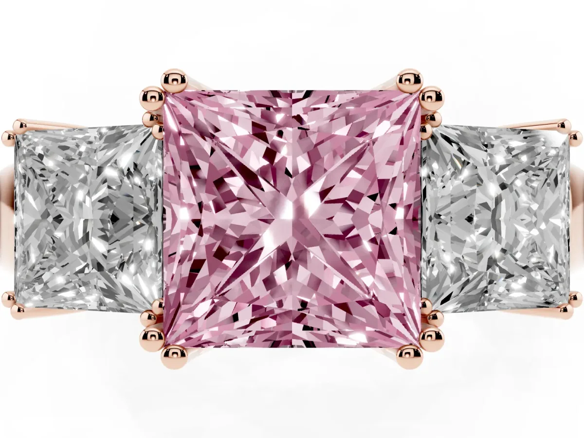 Fancy Pink Three-Stone Princess Cut Cut Diamond Ring with Channel Set Band and Four-Prong Setting Rose gold