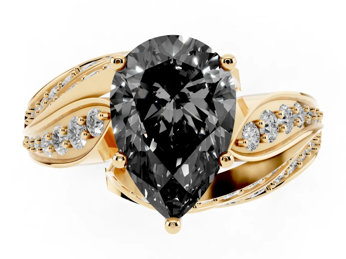Fancy Black Pear Cut Diamond Solitaire Ring with Prong Setting and Twisted Pavé Band Yellow gold