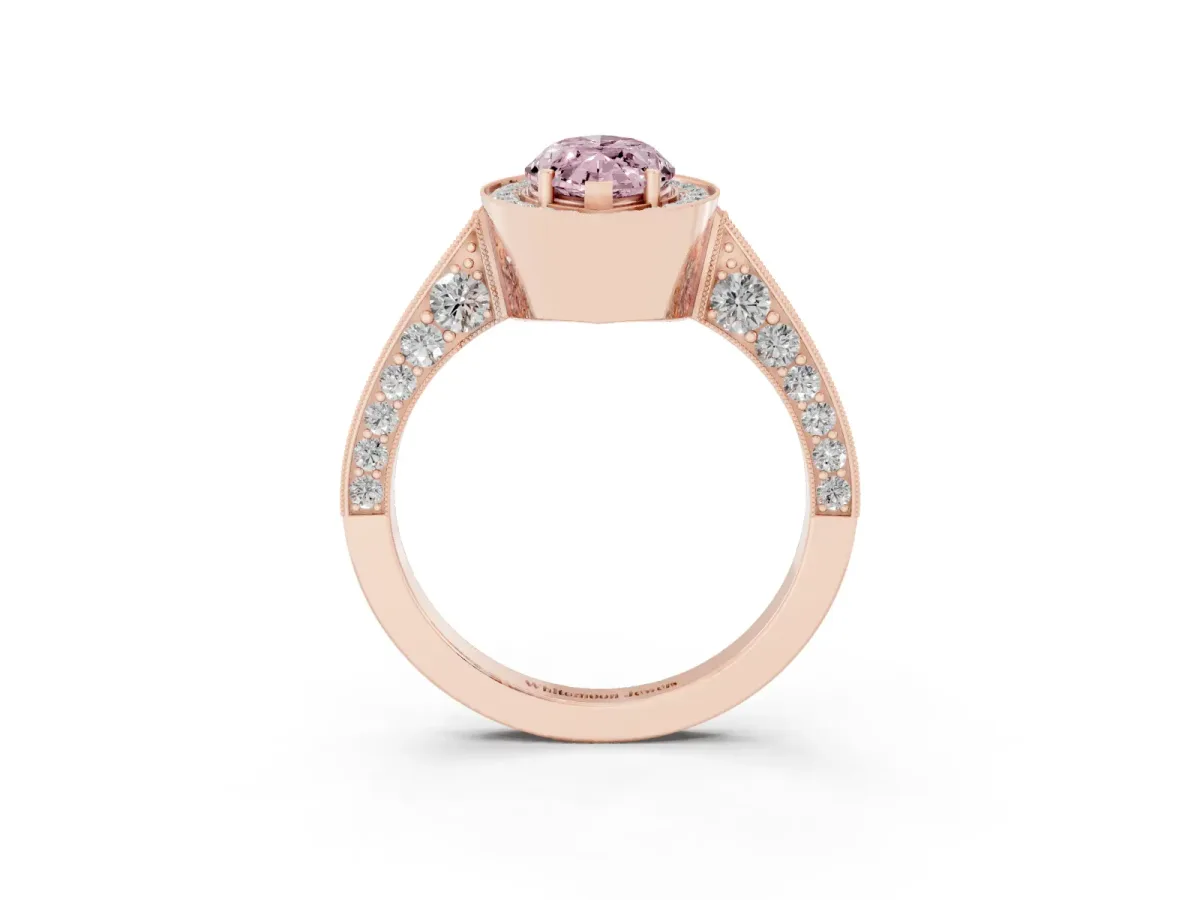 Fancy Pink Marquise Cut Halo Diamond Engagement Ring with Split Shank Band and Four-Prong Setting Rose gold