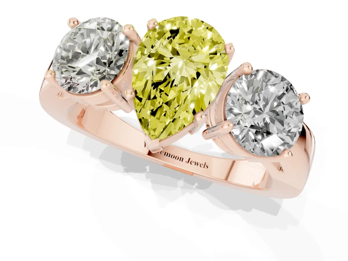 Fancy Yellow Three-Stone Pear Cut Diamond Ring with Round Side Stones, Classic Band, and Four-Prong Setting Rose gold