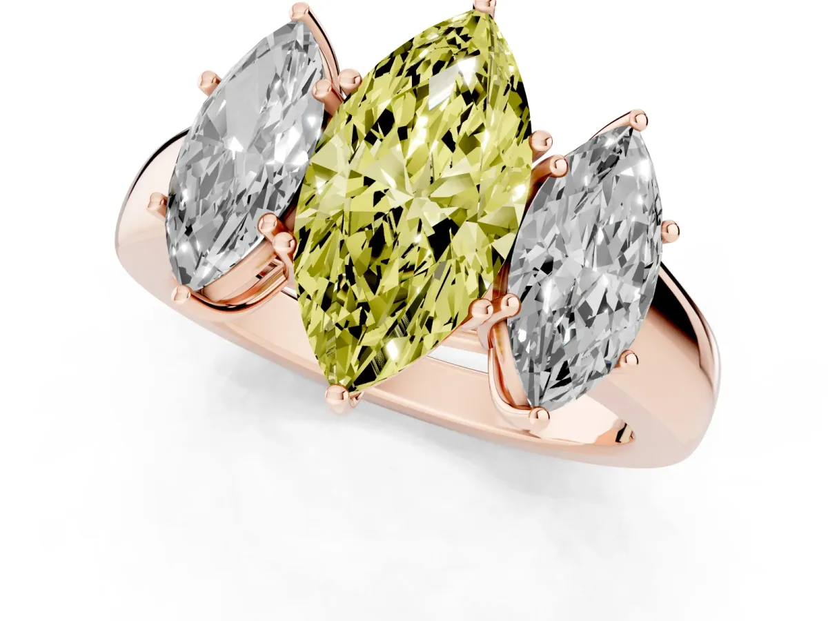Fancy Yellow Three-Stone Marquise Cut Cut Diamond Ring with Prong Setting and Classic Band Rose gold