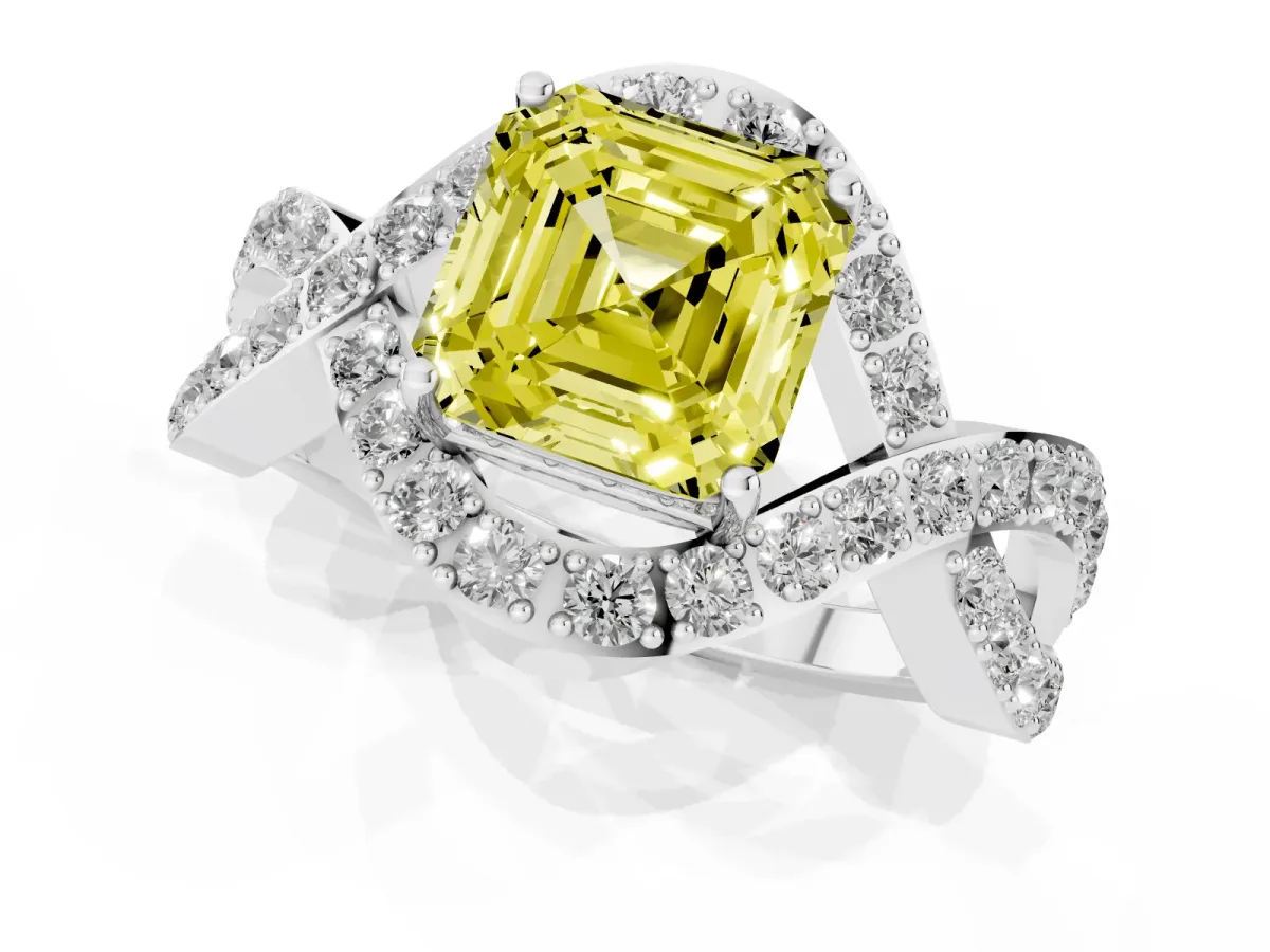 Fancy Yellow Asscher Cut Solitaire Twist Band Pavé Diamond Engagement Ring Silver