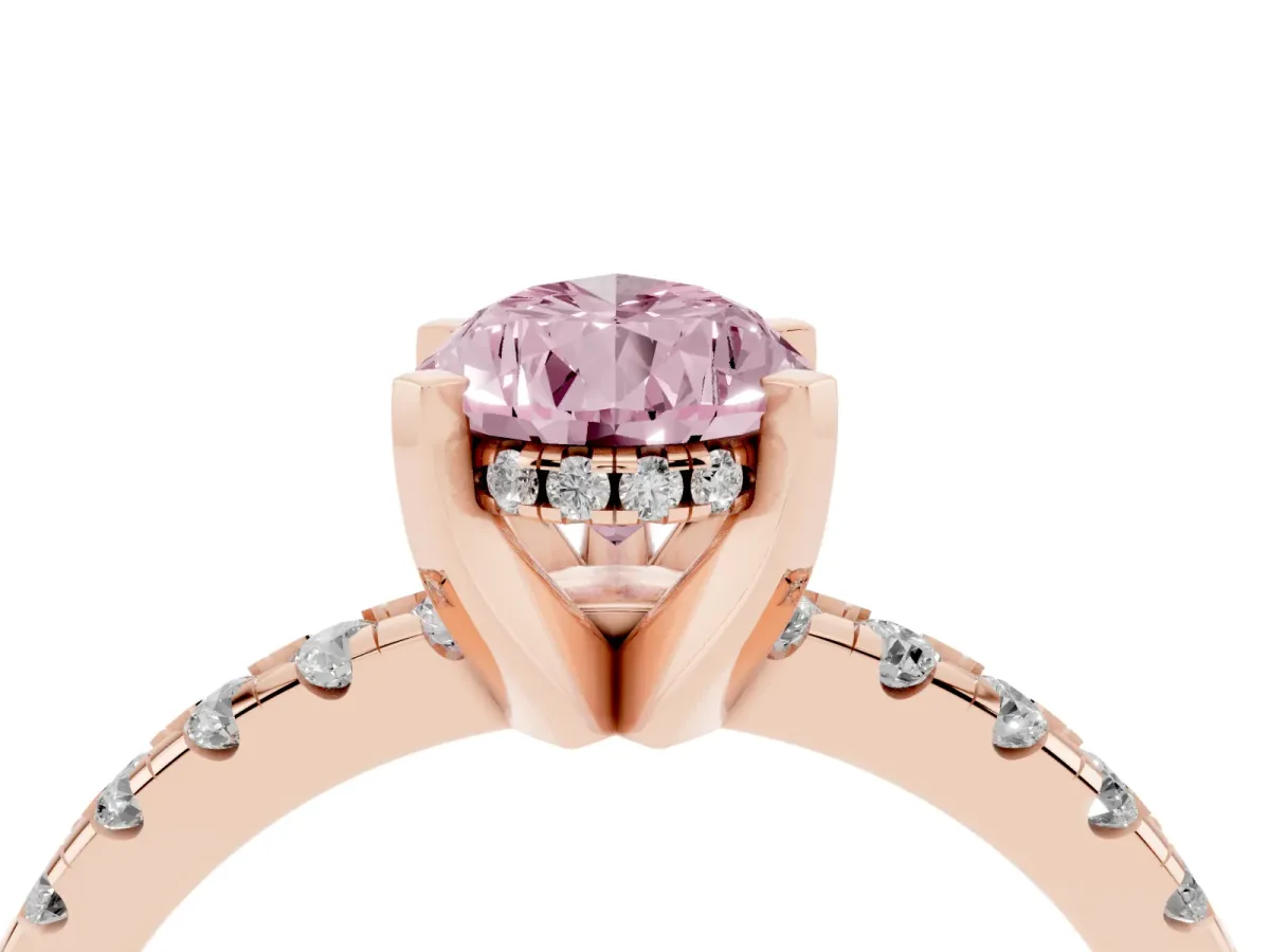 Fancy Pink Pear Cut Diamond Solitaire Ring with Round Pavé Band and Four-Prong Setting Rose gold