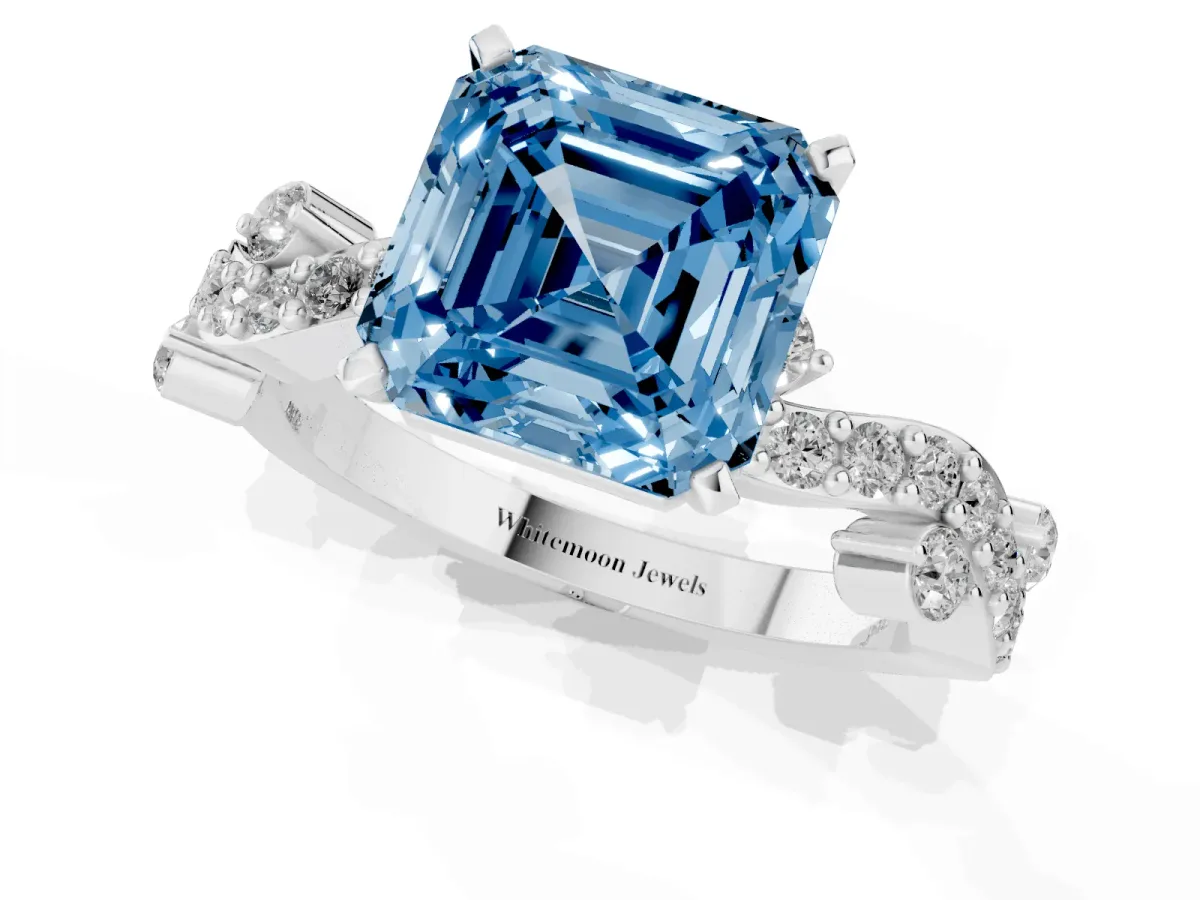 Fancy Blue Asscher Cut Cut Solitaire Diamond Twisted Band with Pave Setting Silver