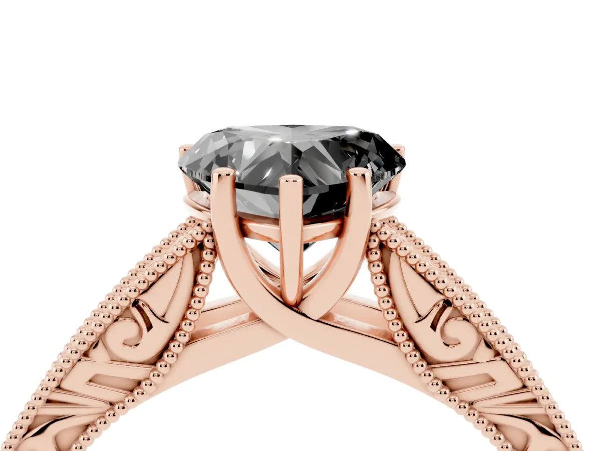 Fancy Black Heart Cut Diamond Solitaire Ring with Engraved Band and Four-Prong Setting Rose gold