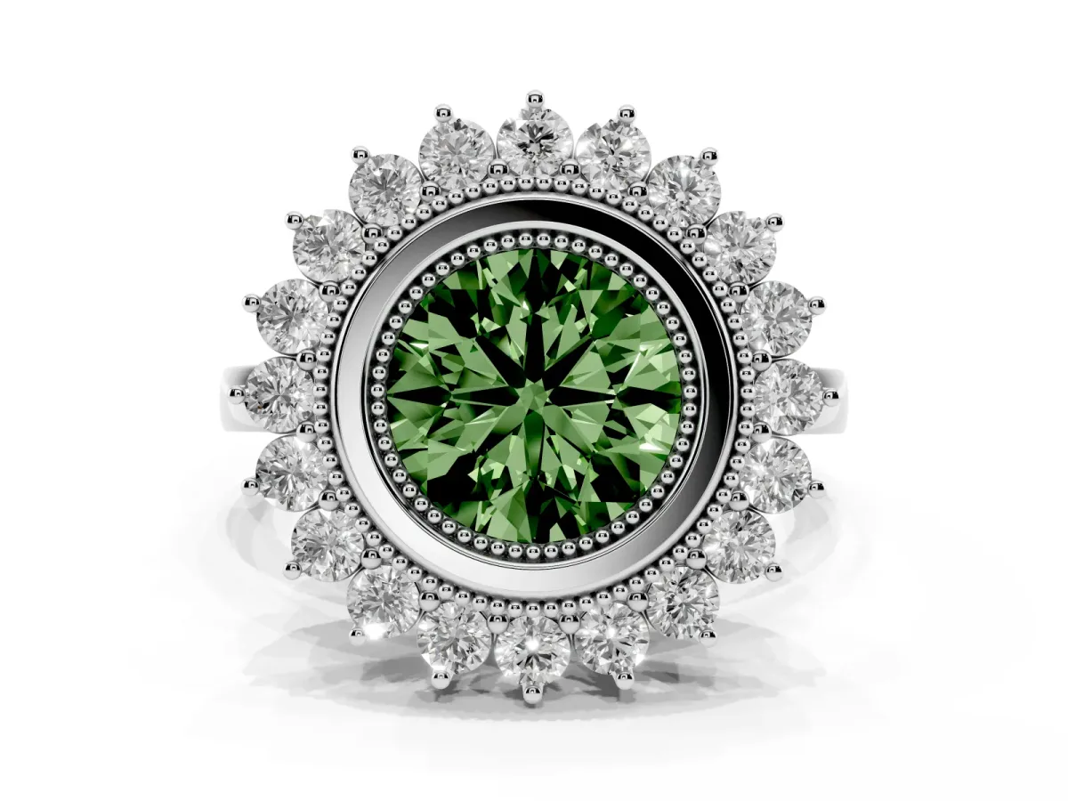 Fancy Green Round Cut Halo Diamond Ring with Milgrain Edge and Round Prong Setting Silver