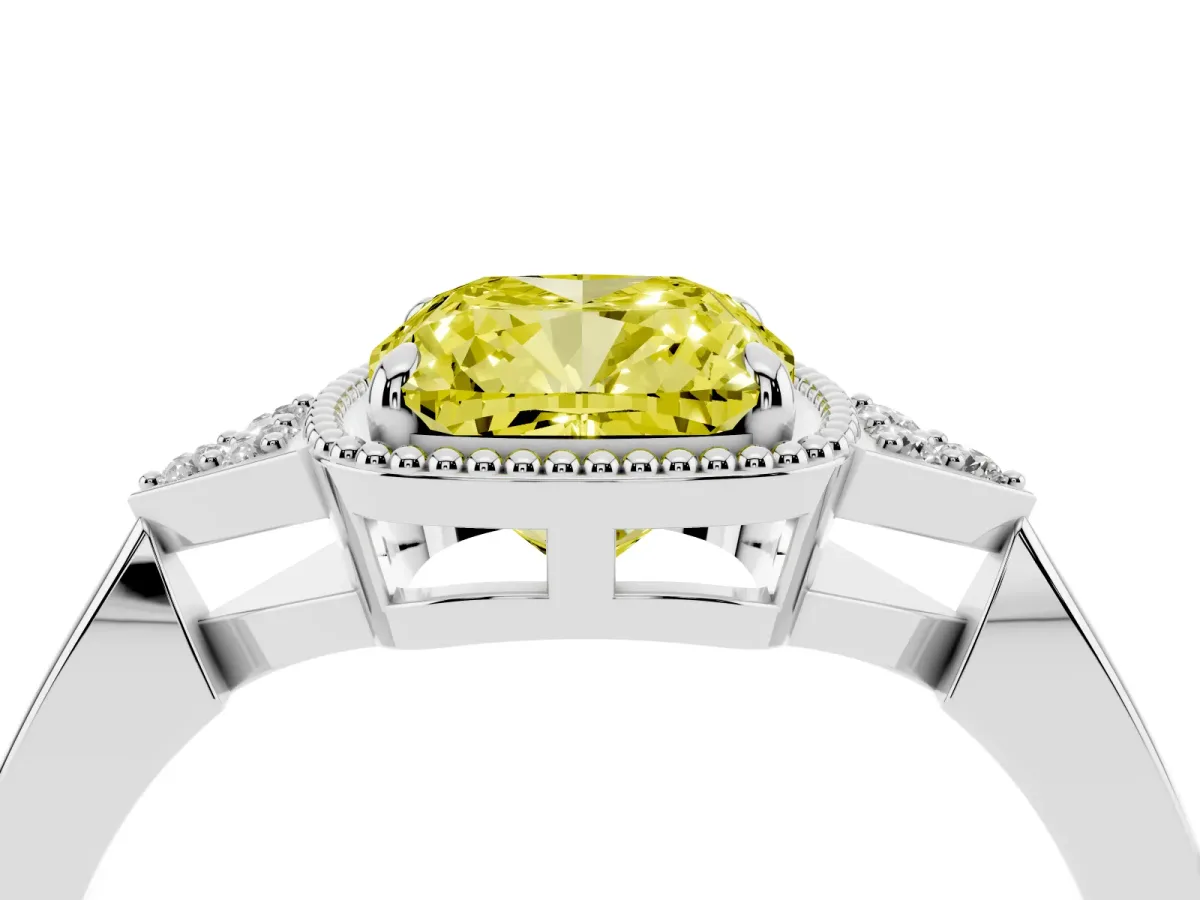 Fancy Yellow Hexagonal Halo Cushion Cut Diamond Solitaire with Pavé Band and Four-Prong Setting White gold