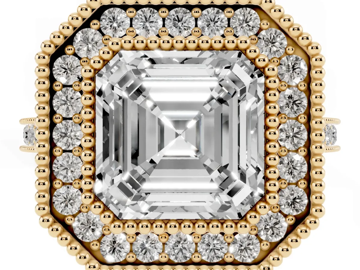 Asscher Cut Diamond Halo Ring with Milgrain Frame and Pavé Band Yellow gold