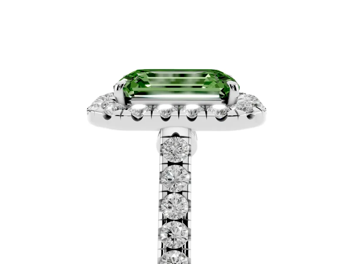 Fancy Green Emerald Cut Halo Pave Diamond Engagement Ring with Four-Prong Setting Silver