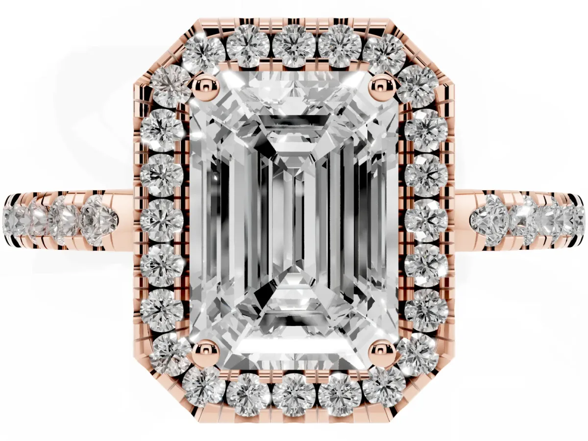 Emerald Cut Halo Diamond Engagement Ring with Pavé Band and Four-Prong Setting Rose gold