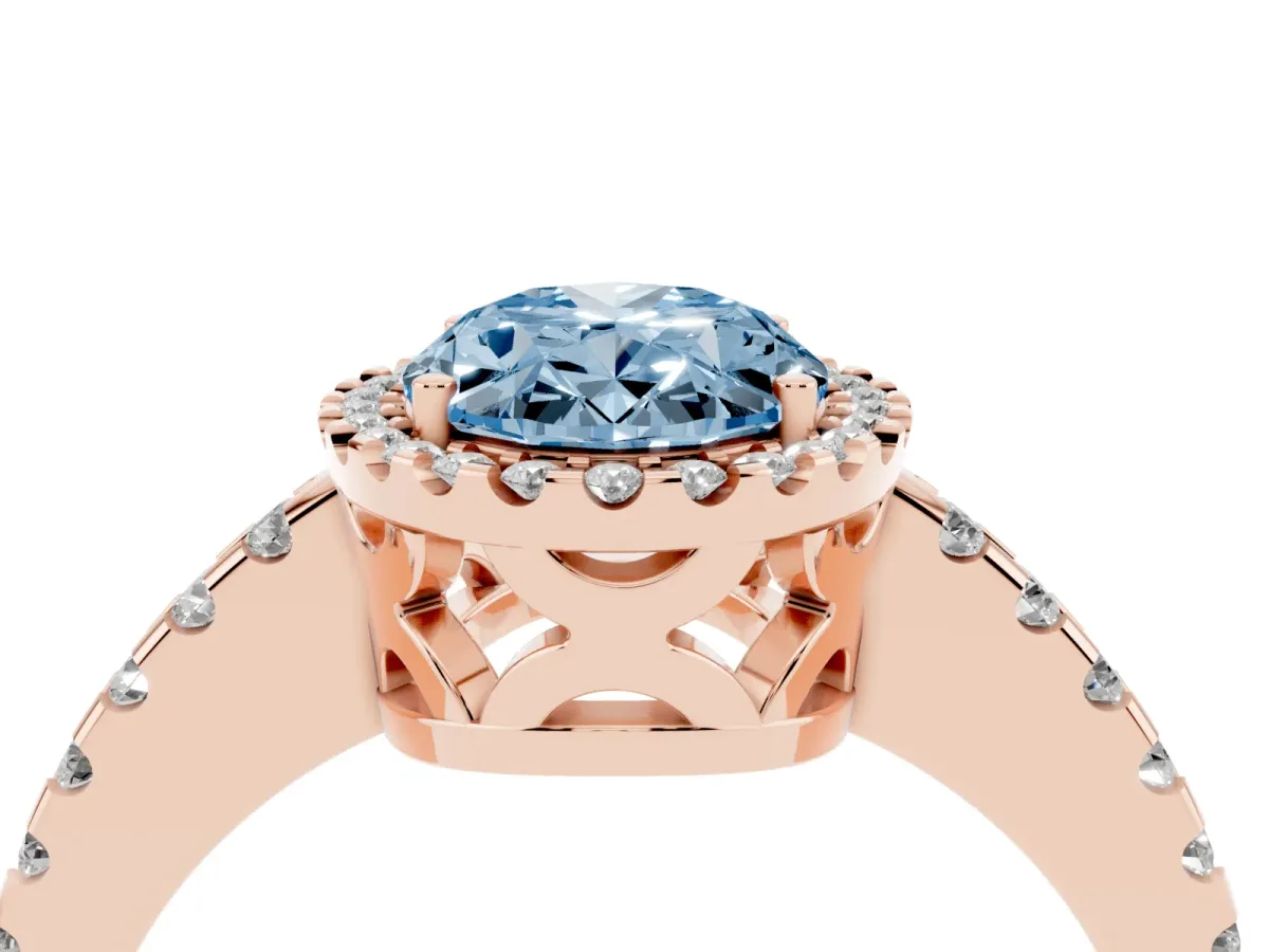 Fancy Blue Oval Cut Diamond Halo Engagement Ring with Pavé Band and Prong Setting Rose gold