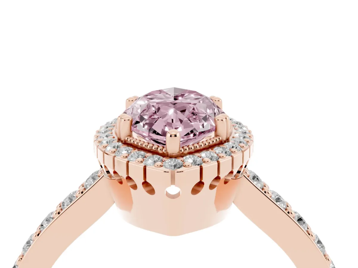 Fancy Pink Marquise Cut Cut Diamond Halo Engagement Ring with Milgrain Detail and Pavé Band Rose gold