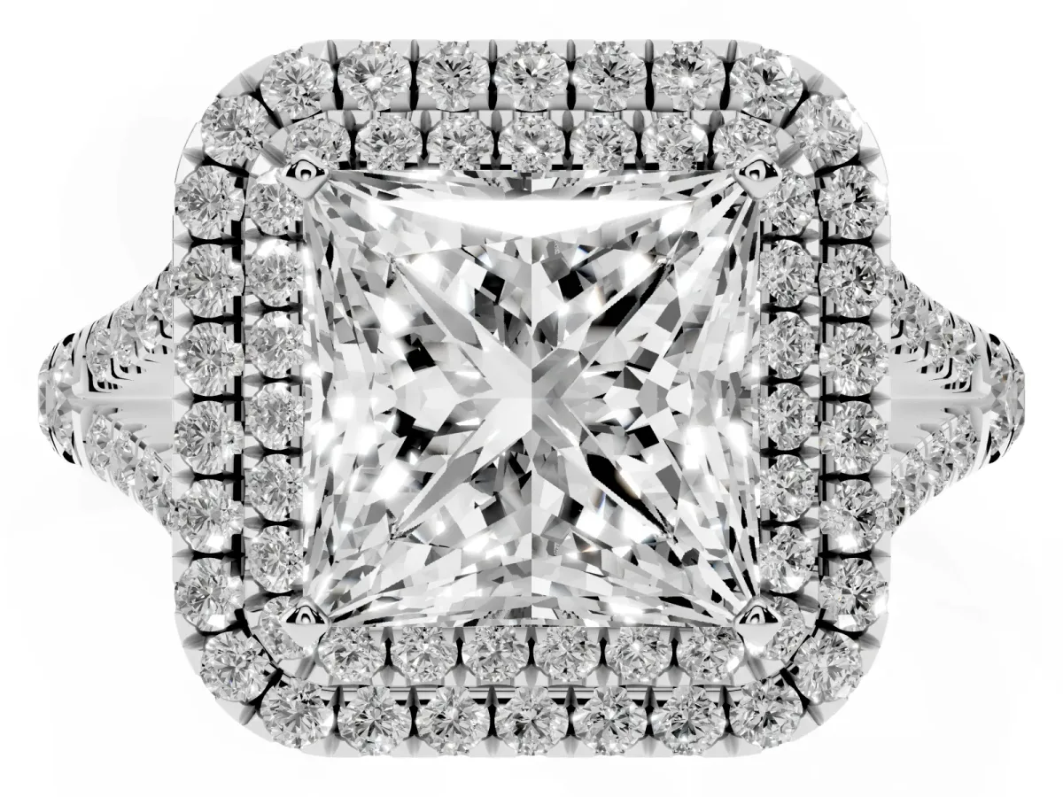 Princess Cut Cut Double Halo Split Shank Diamond Ring with Prong Setting Silver