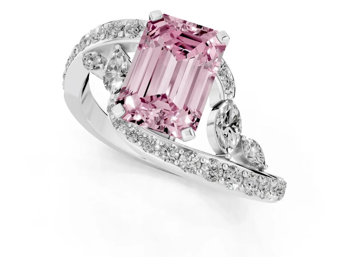 Fancy Pink Emerald Cut Solitaire with Pavé Twist Band and Four-Prong Setting Silver