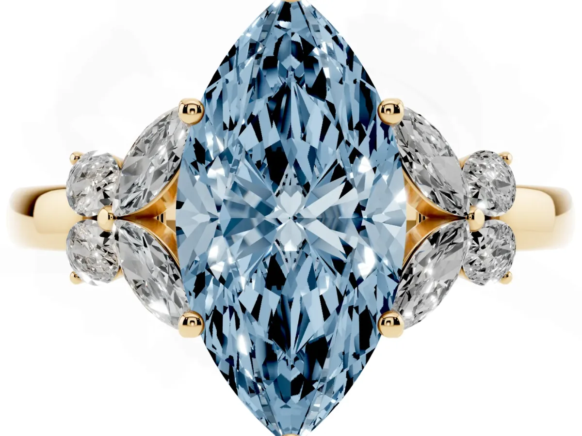 Fancy Blue Marquise Cut Cut Solitaire Floral Diamond Ring with Four-Prong Setting Yellow gold