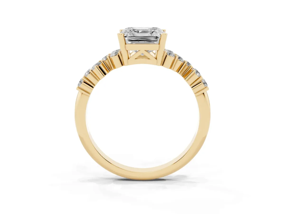 Asscher Cut Diamond Scattered Round Accent Ring with Prong Setting Yellow gold