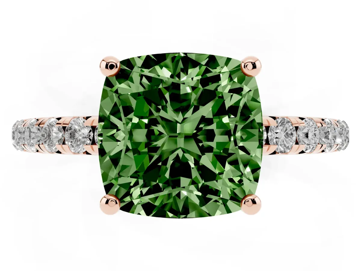 Fancy Green Cushion Cut Cut Diamond Solitaire Ring with Micro Pave Band and Four Prong Setting Rose gold