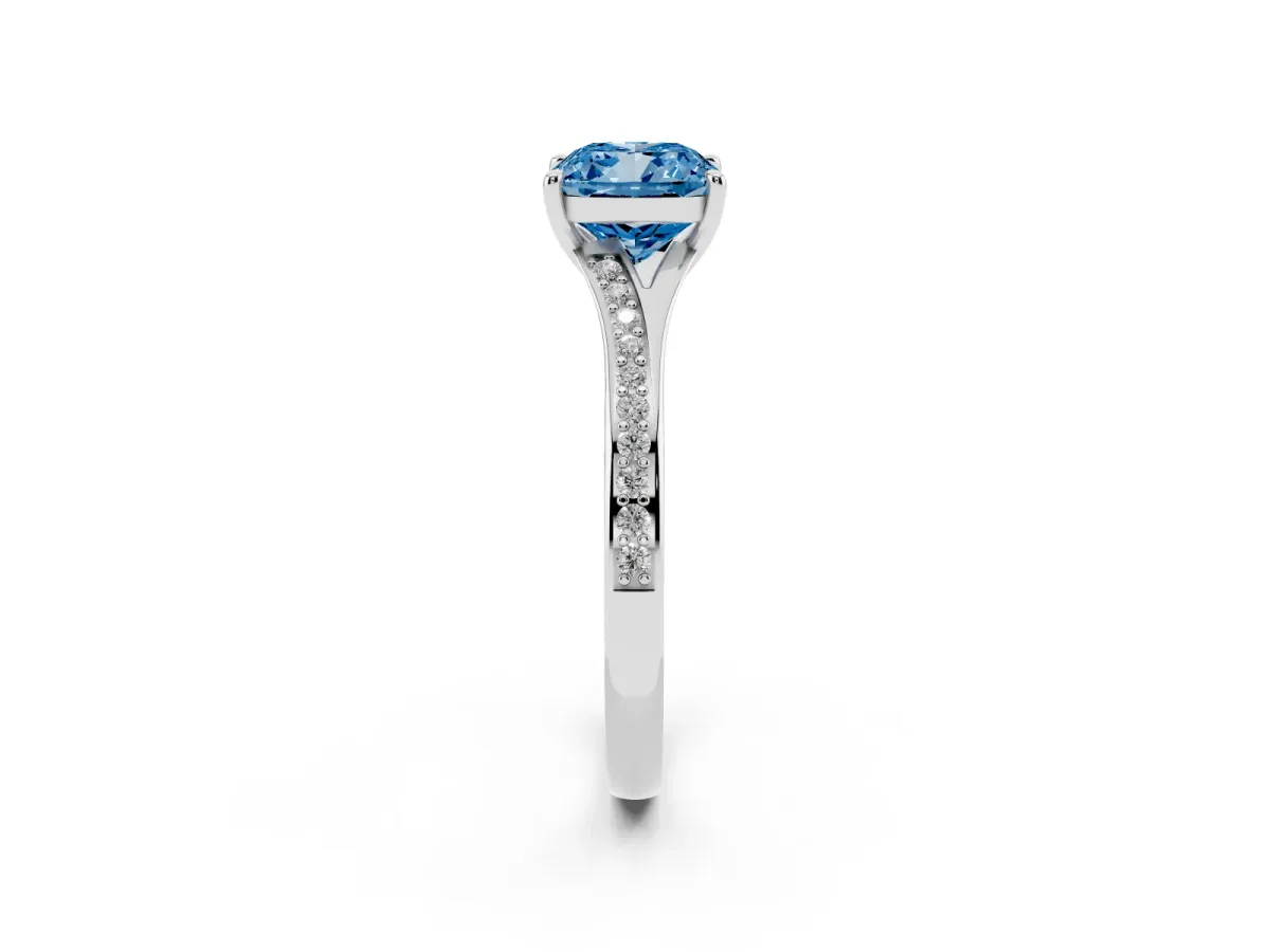 Fancy Blue Cushion Cut Diamond Solitaire Ring with Pavé Band and Prong Setting Silver