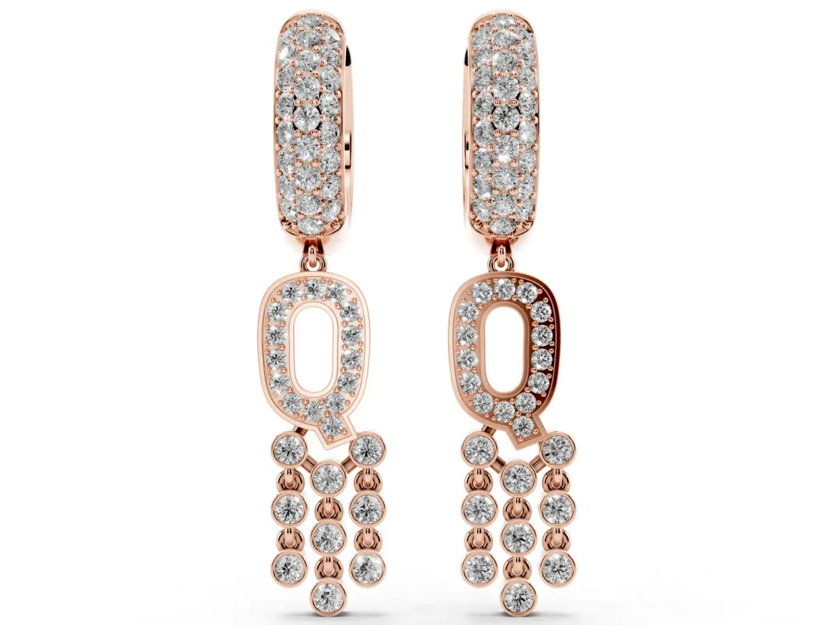 Round Diamond Initial Q Huggie Hoop Earrings Rose gold