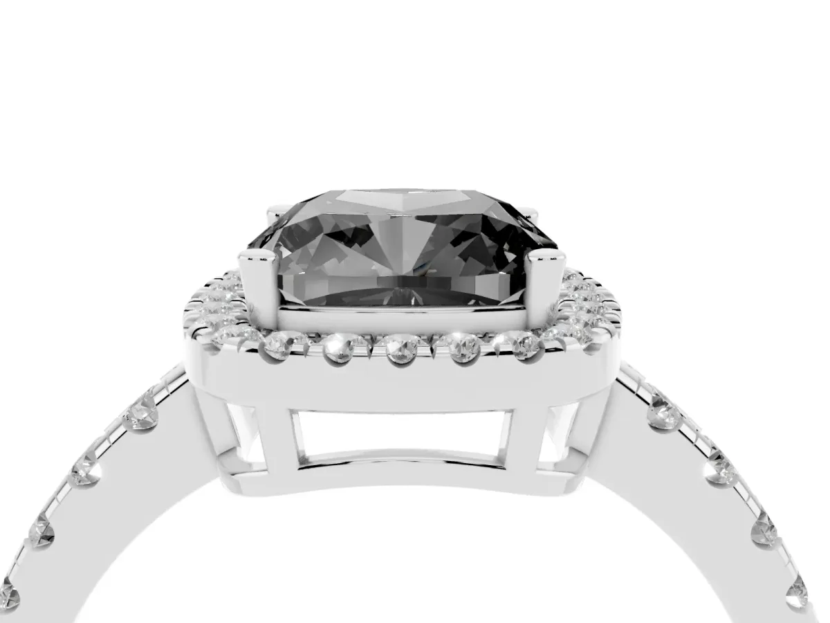 Fancy Black Cushion Cut Diamond Halo Ring with Pavé Band and Four-Prong Setting Platinum