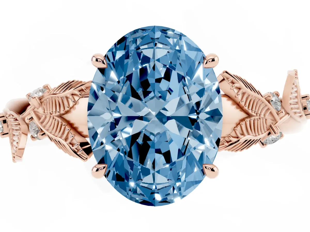 Fancy Blue Oval Cut Diamond Solitaire Ring with Leaf Motif Band and Four-Prong Setting Rose gold