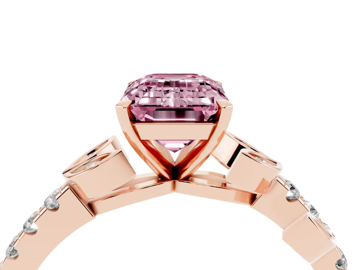 Fancy Pink Emerald Cut Solitaire Leaf-Inspired Diamond Ring with Pavé Band and Four-Prong Setting Rose gold