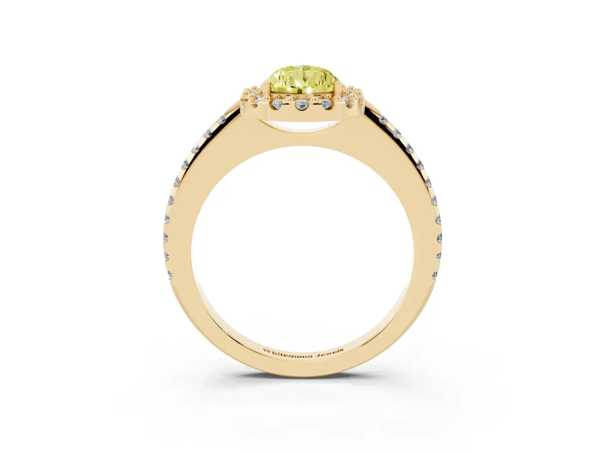 Fancy Yellow Pear Cut Diamond Pavé Halo Ring with Four-Prong Setting Yellow gold