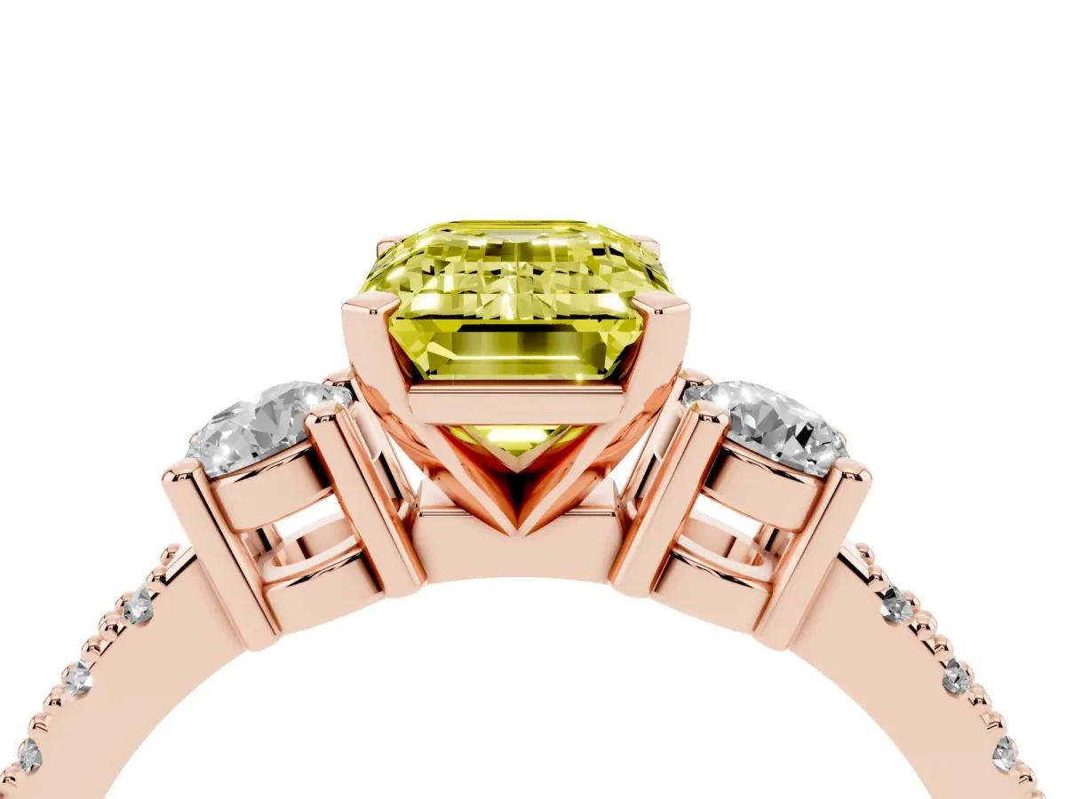 Fancy Yellow Emerald Cut Three-Stone Diamond Pavé Band with Prong Setting Rose gold