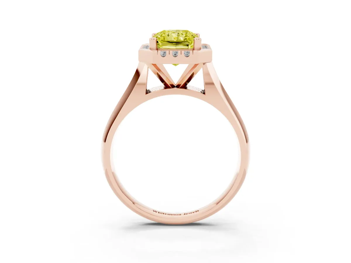 Fancy Yellow Radiant Cut Cut Halo Solitaire Engagement Ring with Square Band and Four-Prong Setting Rose gold