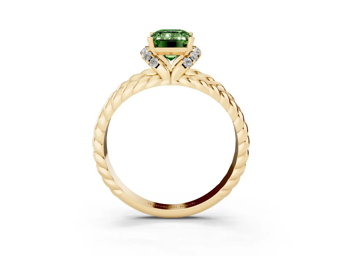 Fancy Green Emerald Cut Halo Twisted Band Four-Prong Ring Yellow gold