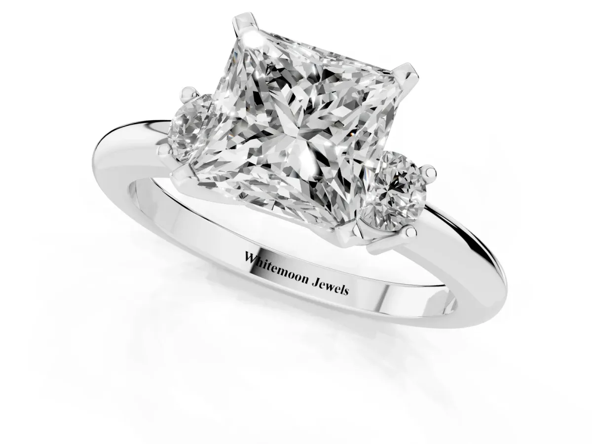 Three-Stone Princess Cut Cut Diamond Solitaire with Prong Setting and Classic Band Silver