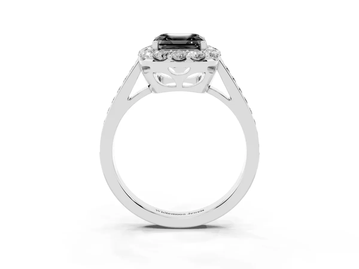 Fancy Black Asscher Cut Diamond Floral Halo Ring with Pavé Band and Prong Setting Platinum