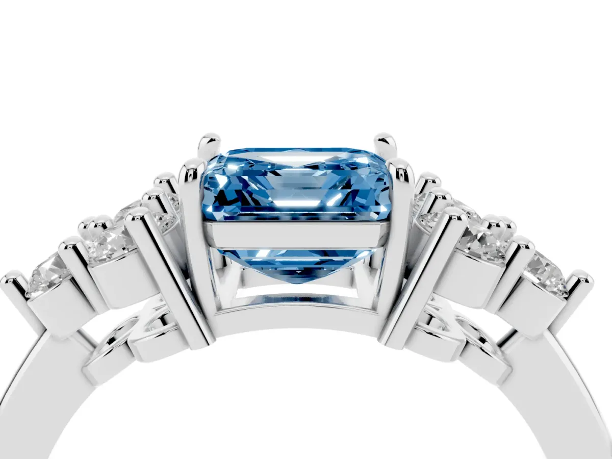 Fancy Blue Asscher Cut Brilliant Diamond Cluster Accent Solitaire Ring with Prong Setting White gold