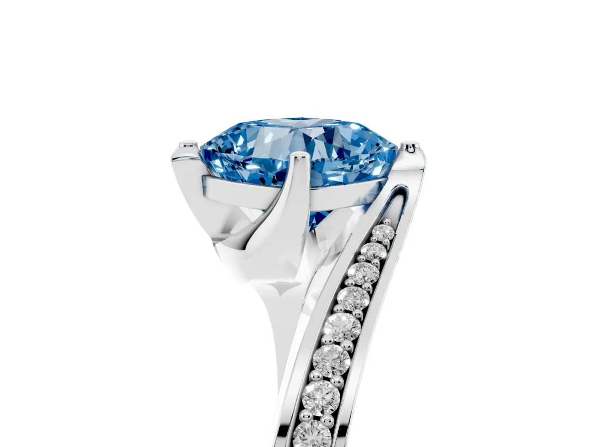 Fancy Blue Cushion Cut Solitaire Diamond Twist Band with Pavé Setting and Four-Prong Setting White gold