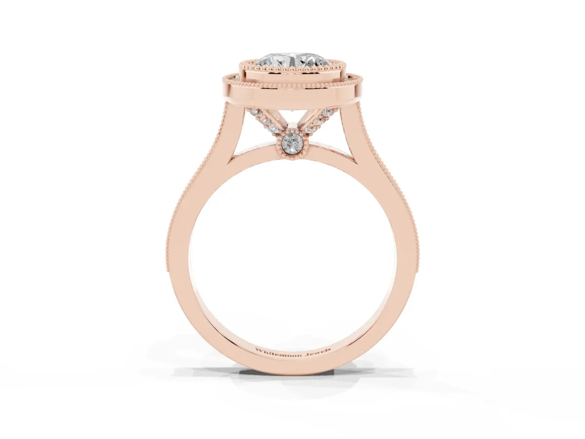 Round Cut Diamond Halo Ring with Milgrain Frame and Pavé Band Rose gold