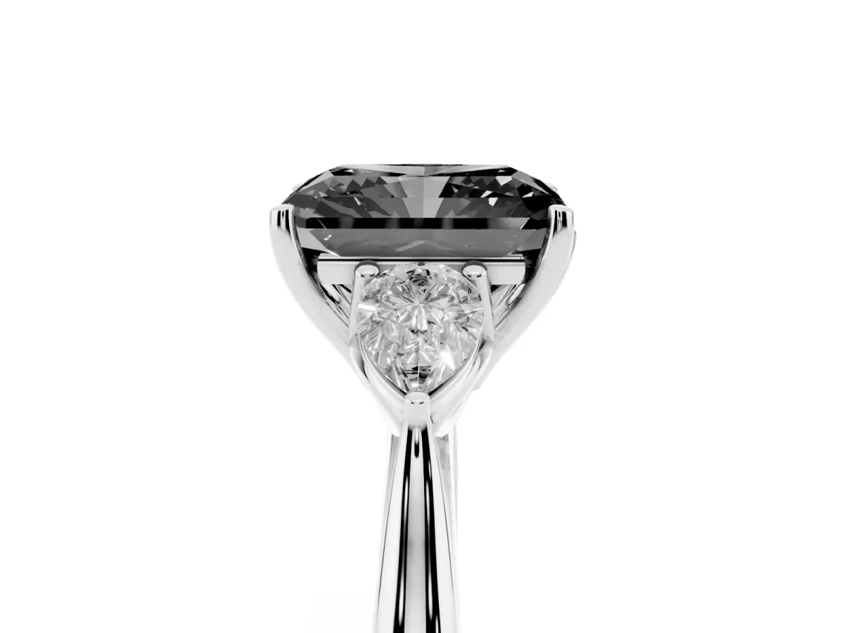 Fancy Black Radiant Cut Diamond Three-Stone Ring with Pear Side Stones and Prong Setting Platinum