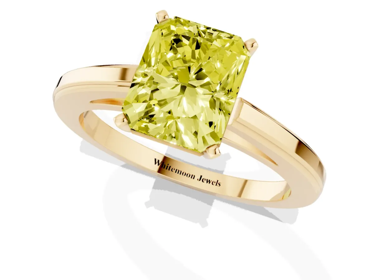 Fancy Yellow Radiant Cut Solitaire Diamond Ring with Four-Prong Setting and Classic Band Yellow gold