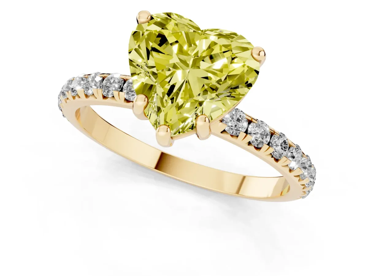 Fancy Yellow Heart Cut Cut Diamond Solitaire Ring with Micro Pave Band and Four Prong Setting Yellow gold
